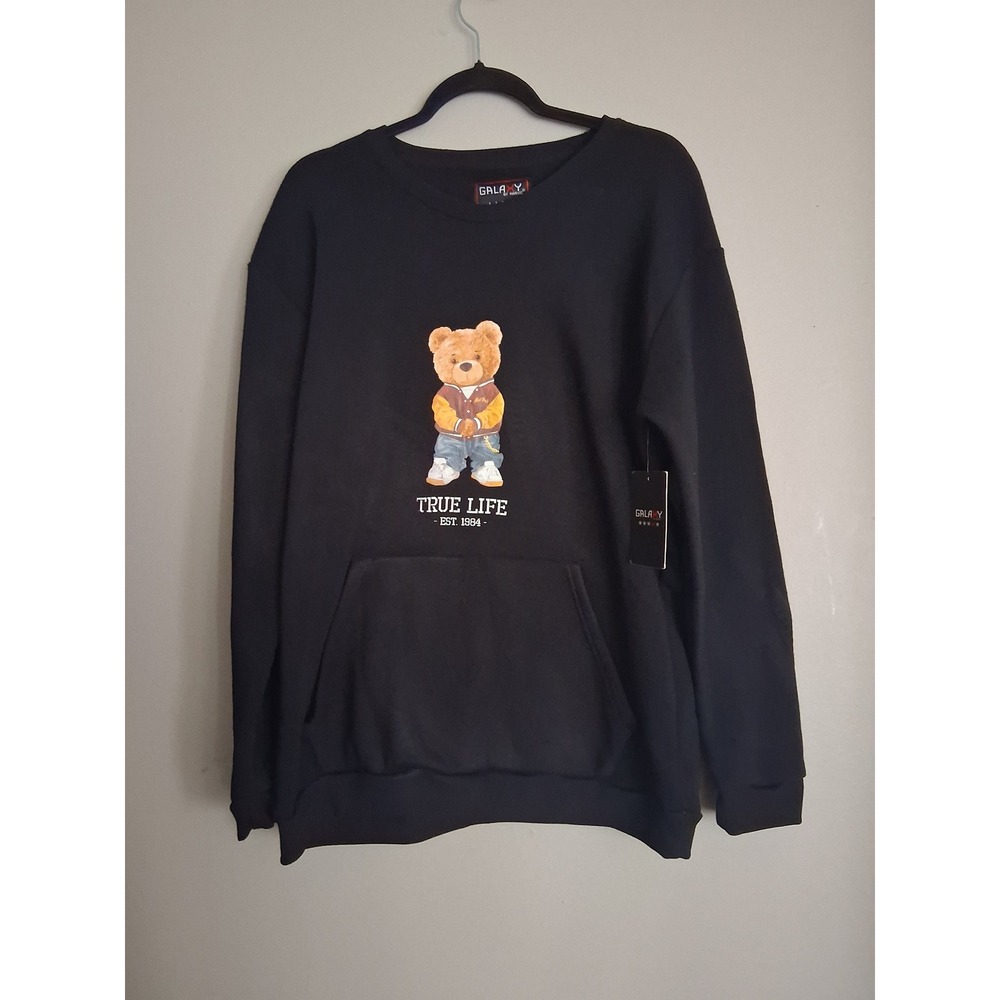 Galaxy by Harvic Mens True Life Teddy Bear Graphic Fleece Sweatshirt Black XL